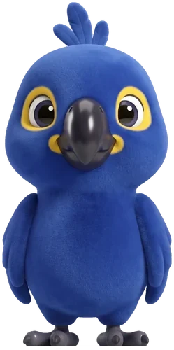 Arazinho, filhote de arara-azul redondinho, com anel amarelo em volta do olho.