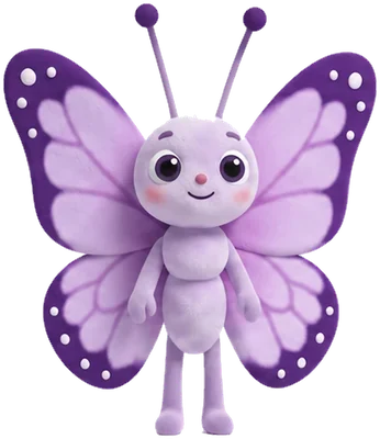 Violeta, borboleta roxa com asas de bolinhas brancas e antenas.
